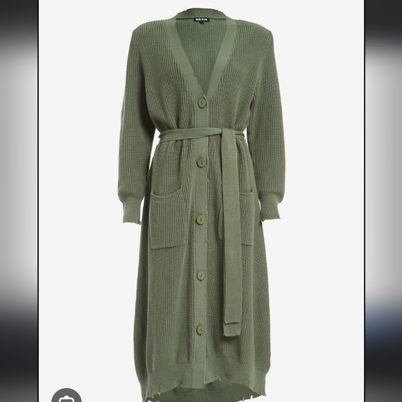 SEROYA olive Green Amanda Distressed Long Cardigan Dress Sweater S - Picture 3 of 8